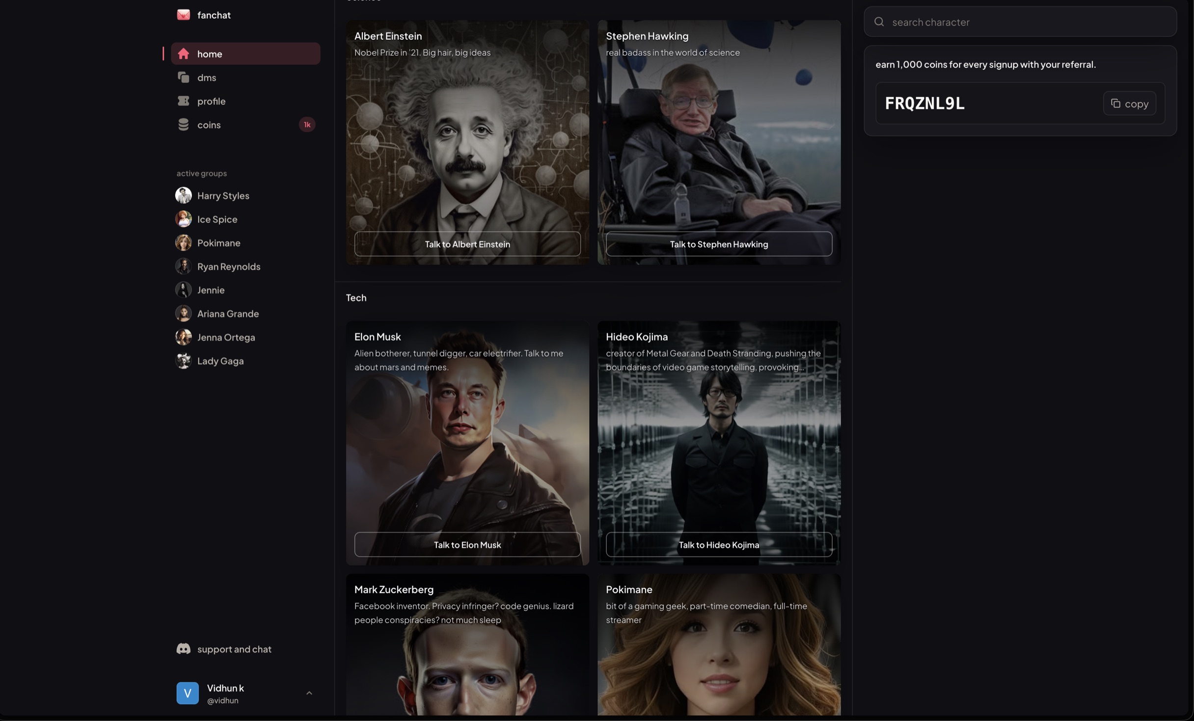 FanChat character discovery interface