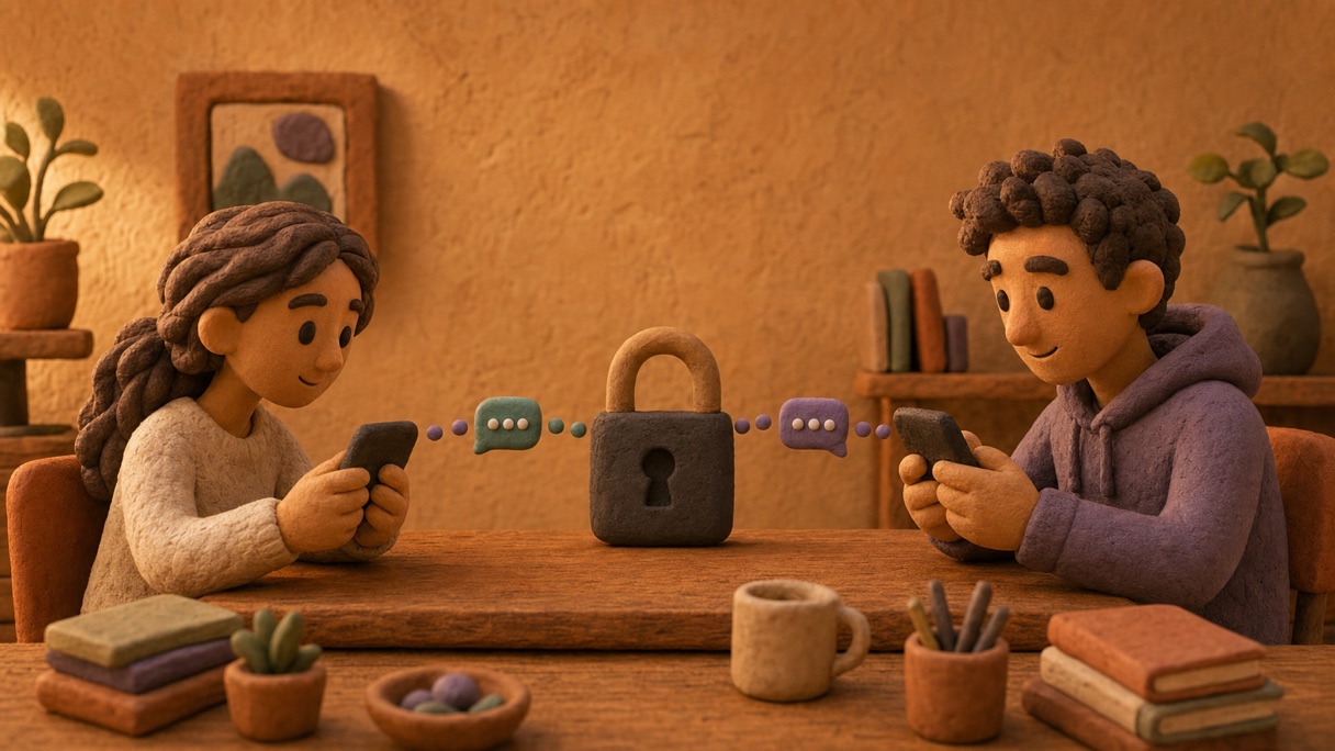 Two clay figures exchanging an encrypted message between wallet devices